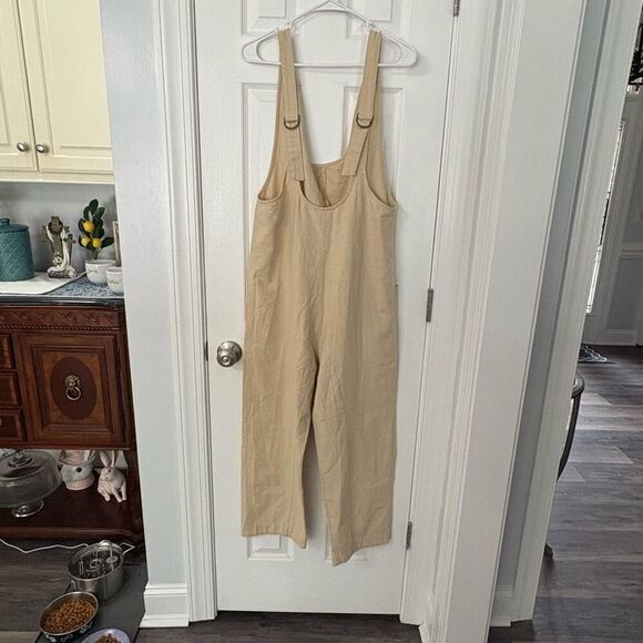 Tatulah Linen Blend Overalls Jumpsuit Women’s Size Large Beige 100% Cotton - Picture 1 of 12